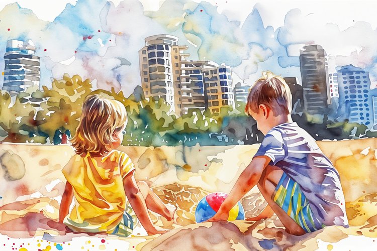 children-playing-street-watercolor